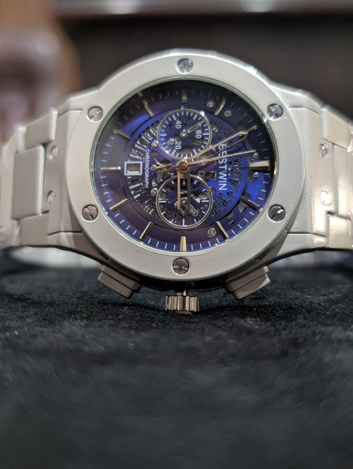 Premium Blue Skeleton Dial Chronograph Luxury Watch with Silver Metal Strap