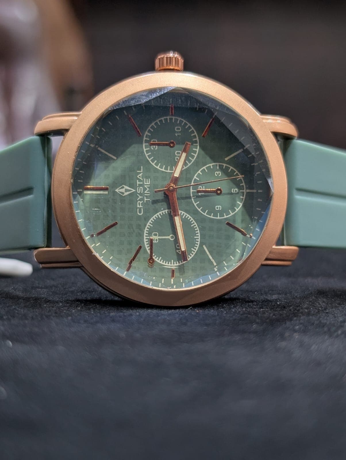 Premium Sage Green Dial Chronograph Watch with Rose Gold Case & Silicone Strap for Men