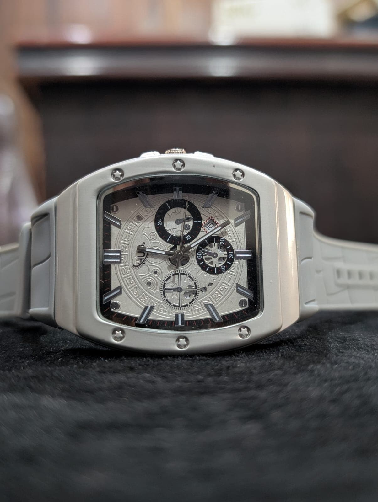 Premium Tonneau Silver Dial Chronograph Silicone Strap Watch for Men