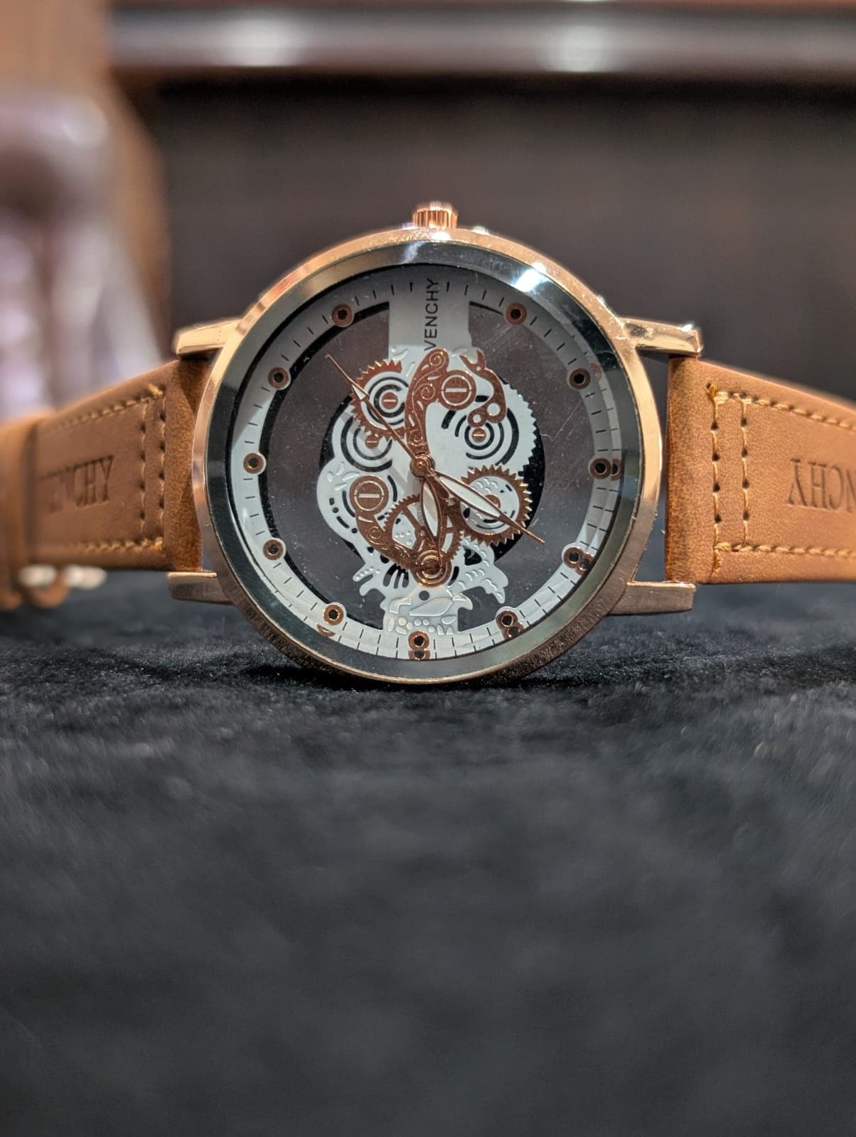 Premium Rose Gold Skeleton Dial Genuine Leather Strap Luxury Watch for Men