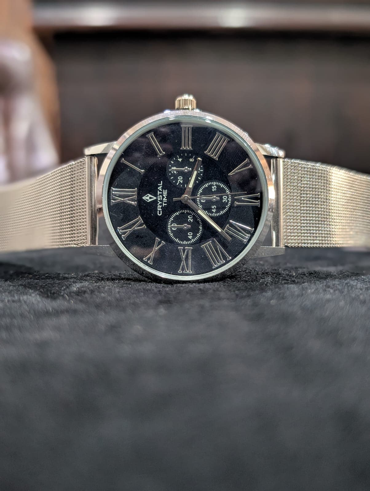 Premium Black Roman Dial Mesh Strap Chronograph-Style Watch for Men